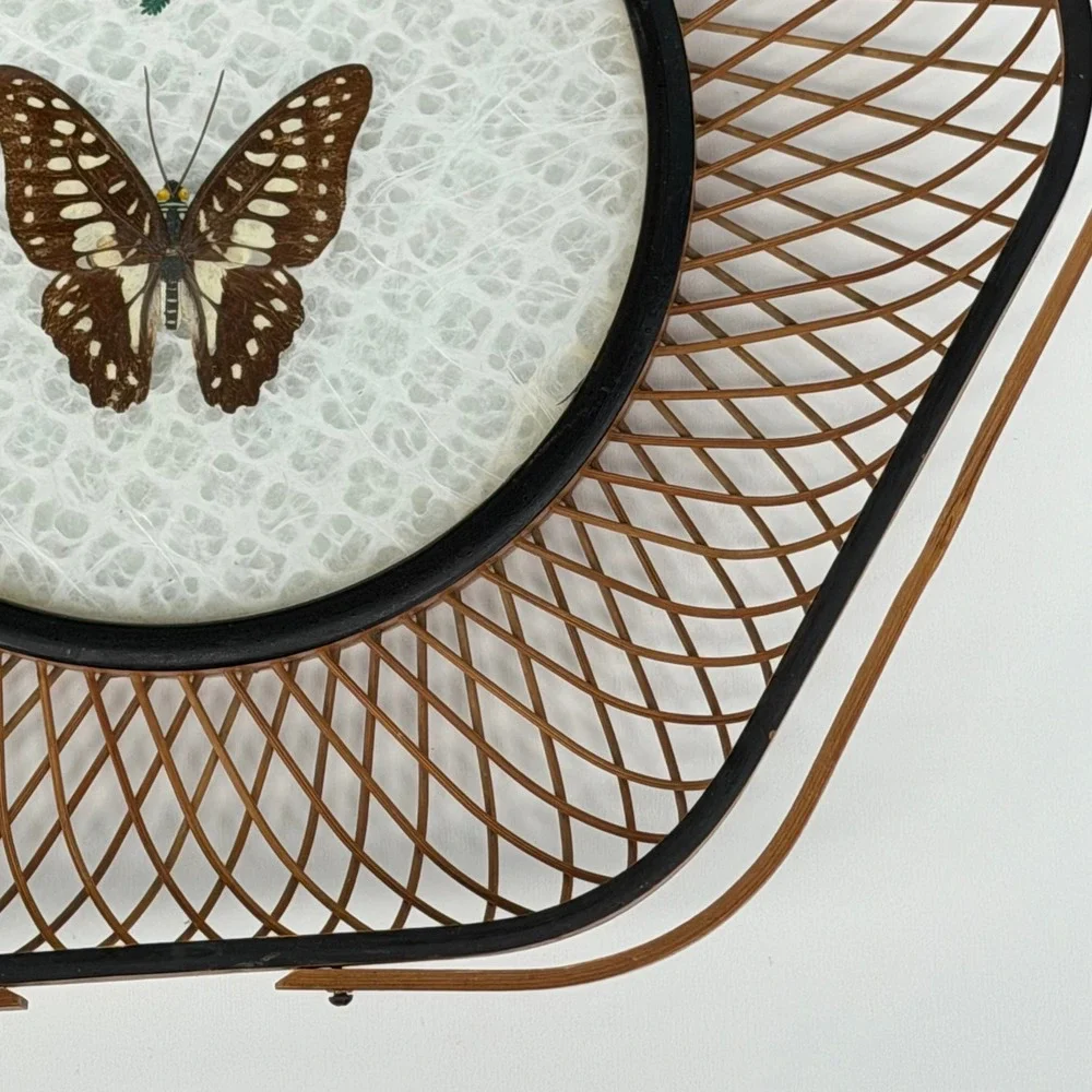 Vintage Basket Jetline Japan Rattan Bamboo‎ Lucite Butterfly Floral Boho Cottage